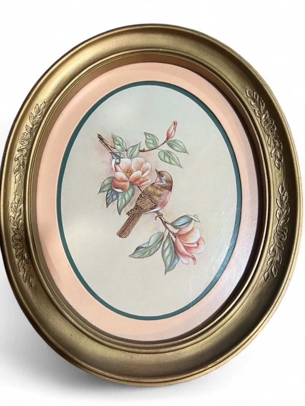 Set of 2 Vintage 80s Gold Oval Framed Bird Wall Art